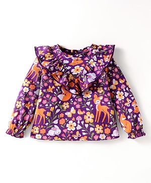 Babyhug Cotton Knit Full Sleeves Top With Floral & Animal Print - Purple