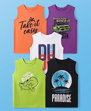 Pine Kids Cotton Knit Sleeveless Tank T-Shirts with Beach Theme & Take it Easy Text Print Pack of 5 - Black Purple & Orange