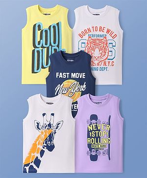 Pine Kids Cotton Knit Sleeveless Tank T-Shirts with Cool Dude Text Print Pack Of 5 - White Navy Blue & Lilac