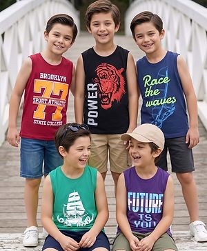 Pine Kids Cotton Knit Sleeveless Tank T-Shirts with Sport Theme & Future is You Print Pack of 5 - Black Purple & Navy Blue