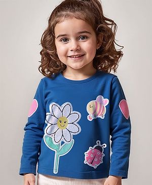 Babyhug Cotton Knit Full Sleeves T-Shirt with Floral & Heart Embroidery - Navy Blue