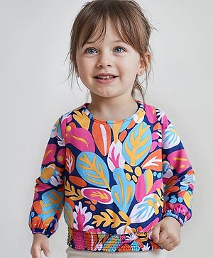 Babyhug Cotton Knit Full Sleeves Top With Leaf Print & Smocking Detailing - Dark Pink