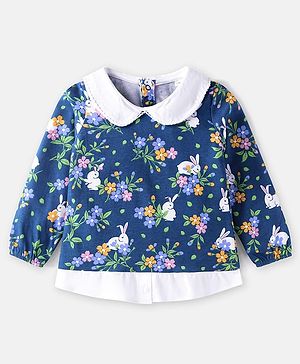 Babyhug Cotton Knit Full Sleeves Top With Floral Print & Peter Pan Collar - Navy Blue