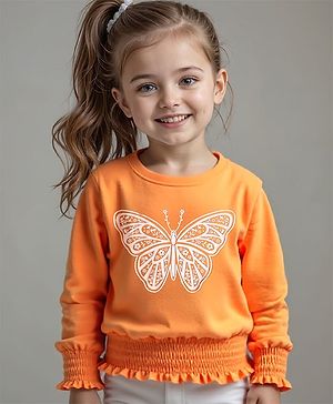 Babyhug Cotton Knit Full Sleeves Top With Butterfly Print & Smocking Detailing - Orange