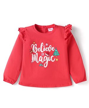 Babyhug Cotton Knit Full Peasant Sleeves Believe in Magic Printed Top with Frill Detailing - Red