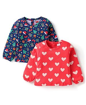 Babyhug Cotton Knit Full Sleeves T-Shirts with Hearts Graphics Pack of 2 - Red & Navy Blue