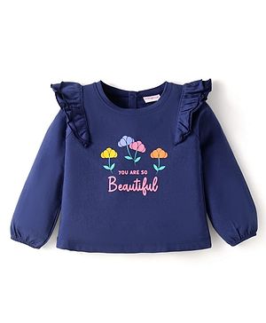 Babyhug Cotton Knit Full Sleeves Top with Text Print & Frill Detailing - Navy Blue