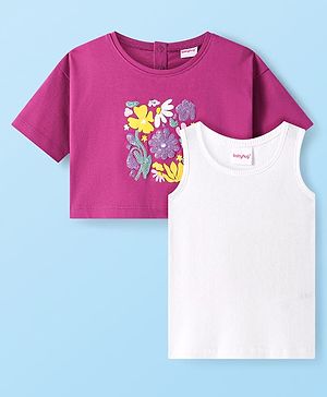 Babyhug Cotton Knit Half Drop Down Shoulder T-Shirt with Vest Sequinned Floral Detailing - Purple