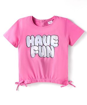 Babyhug Cotton Knit Half Sleeves Tops with Text Print & Knot Detailing - Pink