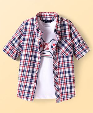Pine Kids Cotton Woven Full Sleeves Checkered Shirt with T-Shirt - Lilac