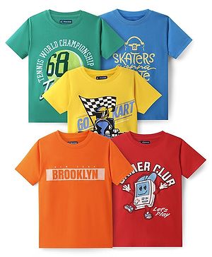 Pine Kids Cotton Knit Half Sleeves T-Shirts with Text Print Pack of 5 - Multicolor