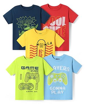 Pine Kids Cotton Knit Half Sleeves T-Shirts with Gamer Theme Text Print Pack Of 5 - Red Yellow & Navy Blue