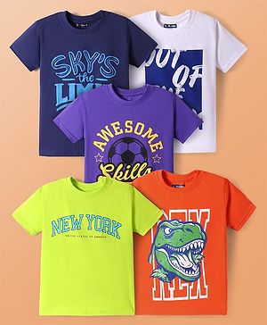 Pine Kids Cotton Knit Half Sleeves T-Shirts with Dino & Text Print Pack Of 5 - White Orange & Purple