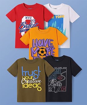 Pine Kids Cotton Knit Half Sleeves T-Shirt with Text Print Pack of 5 - Multicolor