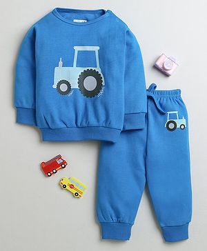 BUMZEE Cotton Full Sleeves Tractor Printed Coordinating Sweatshirt & Joggers Set - Royal Blue