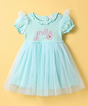 Babyhug Cotton Woven Half Puffed Sleeves Mesh Frock with Text Embroidery - Aqua Blue