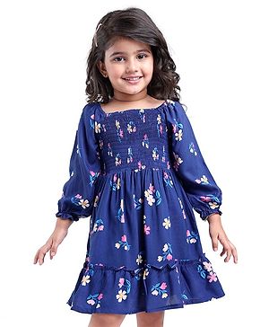 Babyhug Cotton Woven Full Peasant Sleeves Frock with Floral Print & Smocking - Navy Blue