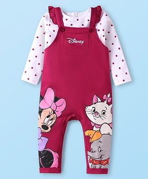Babyhug Disney Terry Knit Dungaree & Full Sleeves T-Shirt With Disney Characters Graphics & Polka Dot Print - Fuchsia & White
