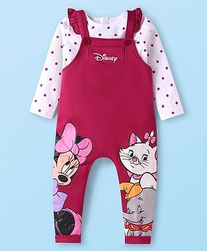 Babyhug Disney Terry Knit Dungaree & Full Sleeves T-Shirt With Disney Characters Graphics & Polka Dot Print - Fuchsia & White