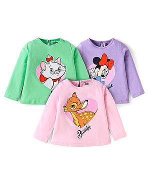 Babyhug Disney Single Jersey Knit Full Sleeves T-Shirts with Minnie & Bambie Graphics Pack of 3 - Pink Green & Purple
