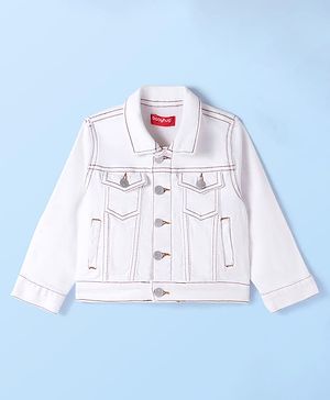 Babyhug Full Sleeves Front Open  Denim Washed Jacket with Pockets - White