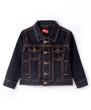 Babyhug Full Sleeves Front Open  Denim Washed Jacket with Pockets - Black