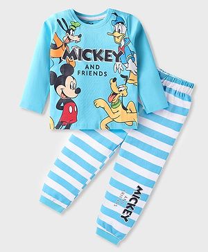 Babyhug Disney Single Jersey Knit Full Sleeves Night Suit with Striped & Mickey Mouse Print - Light Blue