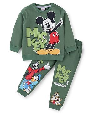 Babyhug Disney Single Jersey Knit Full Sleeves T-Shirt & Track Pant Set With Mickey & Friends Graphics - Olive Babyhug Disney Single Jersey Knit Full Sleeves T-Shirt & Track Pant Set With Mickey & Friends Graphics - Olive