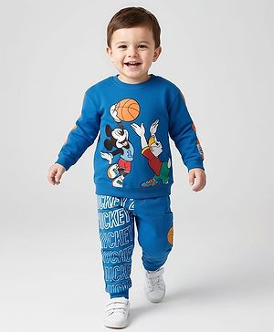 Babyhug Disney  Terry Knit Full Sleeves T-Shirt & Lounge Pants Set With Mickey Mouse & Friends Graphics - Blue Babyhug Disney  Terry Knit Full Sleeves T-Shirt & Lounge Pants Set With Mickey Mouse & Friends Graphics - Blue