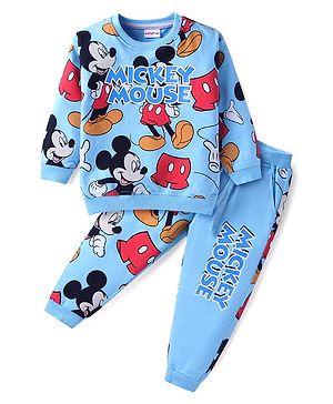 Babyhug Disney Terry Knit Full Sleeves Mickey Mouse Printed T-Shirt & Lounge Pant Set - Light Blue
