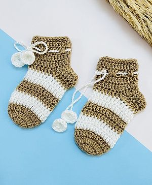 Little Peas Woollen Crochet Striped  Socks - Beige & White