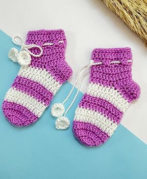 Little Peas Woollen Crochet Striped  Socks - Light Purple & White