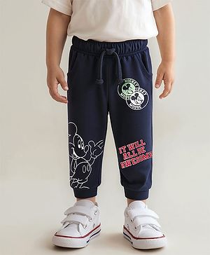 Babyhug Disney Cotton Terry Knit Full Length Lounge Pant With Mickey Mouse Graphics - Blue