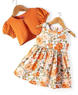 Babyhug Cotton Woven Frock & Half Sleeves Jacket With Floral Print - Orange