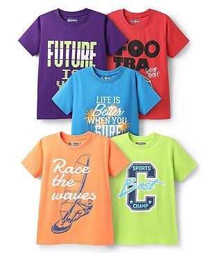 Pine Kids Cotton Knit Half Sleeves T-Shirts With  Race the Waves Text Print Pack of 5 - Red Limegreen & Blue