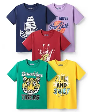 Pine Kids Cotton Knit Half Sleeves T-Shirts With Sun & Surf Text Print Pack of 5 - Plum Yellow & Navy Blue