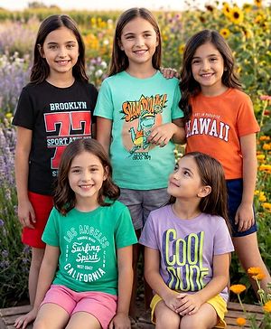 Pine Kids Cotton Knit Half Sleeves T-Shirts With Cool Dude Text Print Pack of 5 - Plum Orange & Light Blue
