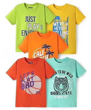 Pine Kids Cotton Knit Half Sleeves T-Shirt with Lets Play Hard Text Print Pack of 5 - Yellow Orange & Red