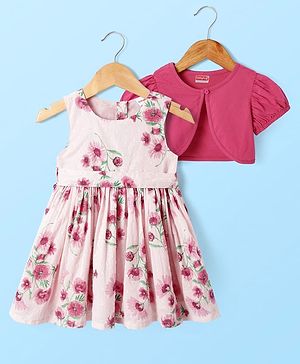 Babyhug Cotton Woven Puffed Sleeves Jacket & Frock with Floral Print - Pink
