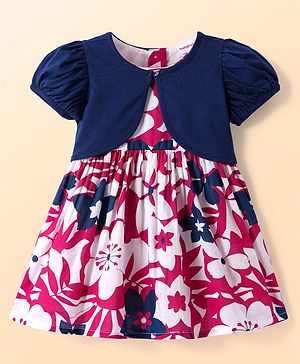 Babyhug Cotton Knit Half Puffed Sleeves Shrug & Floral Printed Frock - Navy Blue & Dark Pink
