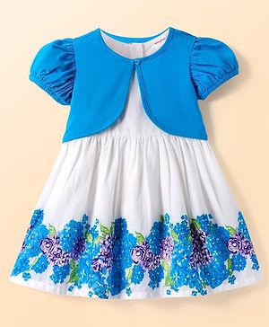 Babyhug Cotton Knit Half Puffed Sleeves Shrug & Floral Printed Frock - Blue & White