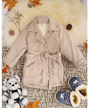 Bella Moda Flannel & Fleece Full Sleeves Pleated Overcoat - Cream