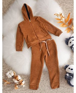 Bella Moda Flannel & Fleece Full Sleeves Abstract Printed Hoodie & Jogger Set - Rust Orange