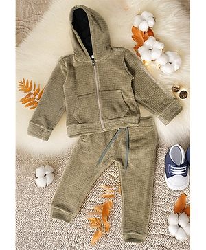 Bella Moda Flannel & Fleece Full Sleeves Abstract Printed Hoodie & Jogger Set - Beige