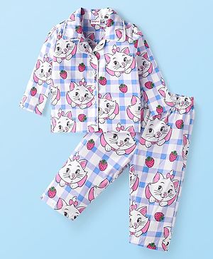Babyhug Disney  Single Jersey Knit Full Sleeves Front Open Night Suit With Marie Graphics - White & Pink