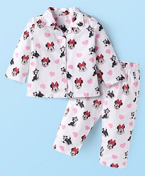 Babyhug Disney Cotton Woven Full Sleeves Minnie Mouse Printed Night Suit - White