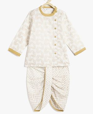 Campana 100% Cotton Full Sleeves Leaves Printed Kurta With Dhoti Set - Off White & Gold