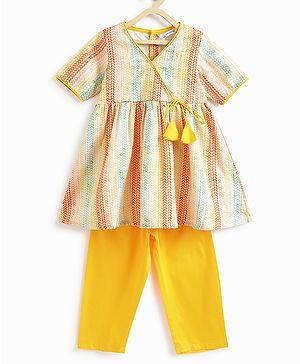 Campana Half Sleeves Chevron Printed Embroidered Kurta With Pant Set - Yellow & Multicolour