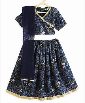 Campana Half Sleeves Divine Forest Printed Embroidered Lehenga Choli With Dupatta Set - Navy Blue