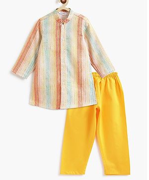 Campana Full Sleeves Chevron Printed Embroidered Kurta Pyajama Set - Yellow & Multicolour